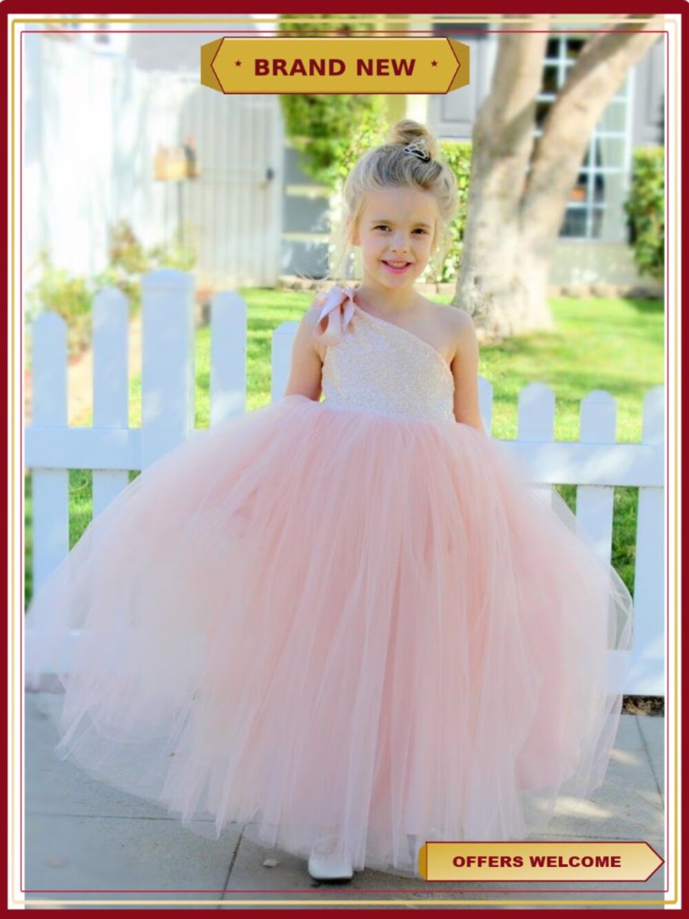 One-Shoulder Sequin Tutu Flower Girl Dress Tulle Satin 6 Layers